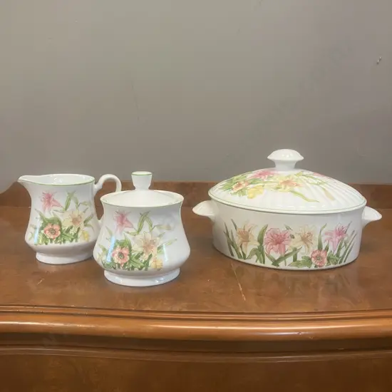 Vintage Jade Lily by Shafford Fine Porcelain Covered Casserole, Creamer & Lidded Sugar Bowl - Japan 1950's