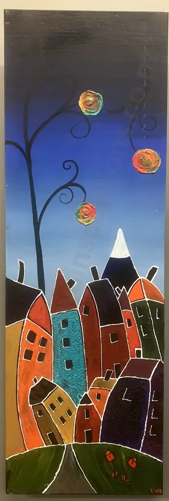 Vivienne Baty (Viva Art) - Wonky Houses & Swirl Tree Textured Original Art on Canvas. 76 x 25cm Image 1++