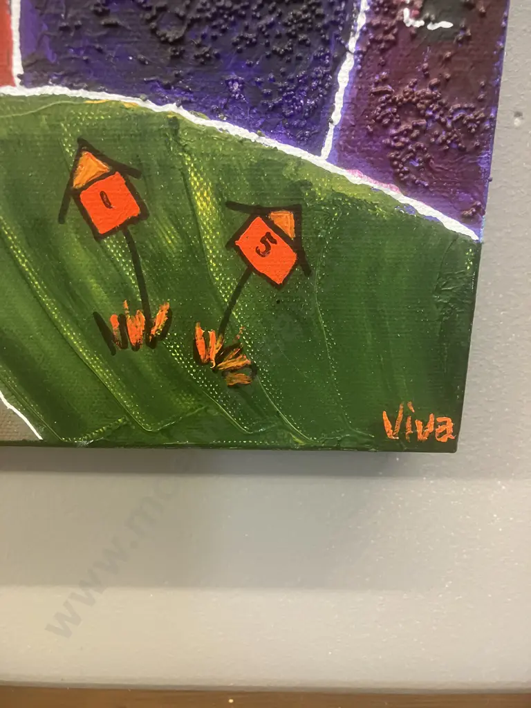 Vivienne Baty (Viva Art) - Wonky Houses & Swirl Tree Textured Original Art on Canvas. 76 x 25cm Image 1++