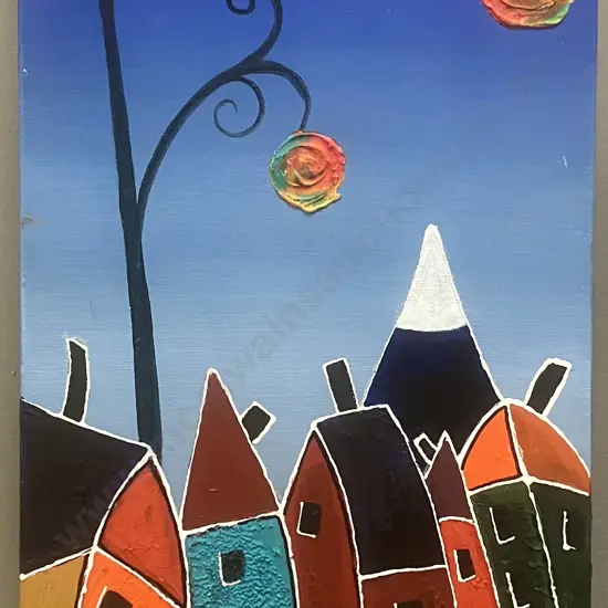 Vivienne Baty (Viva Art) - Wonky Houses & Swirl Tree Textured Original Art on Canvas. 76 x 25cm