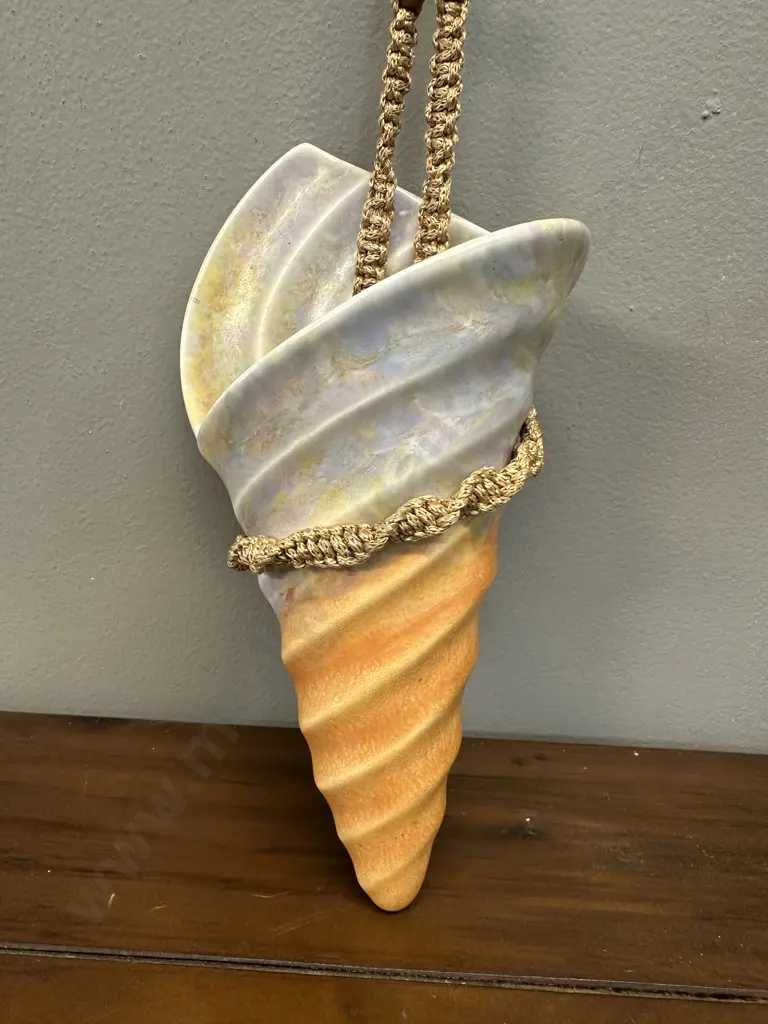 Art Deco Beswick Ceramic Sea Shell Pocket Vase Mottled Yellow/Purple & Orange Glaze With Braided Hanging Cord  Image 1++