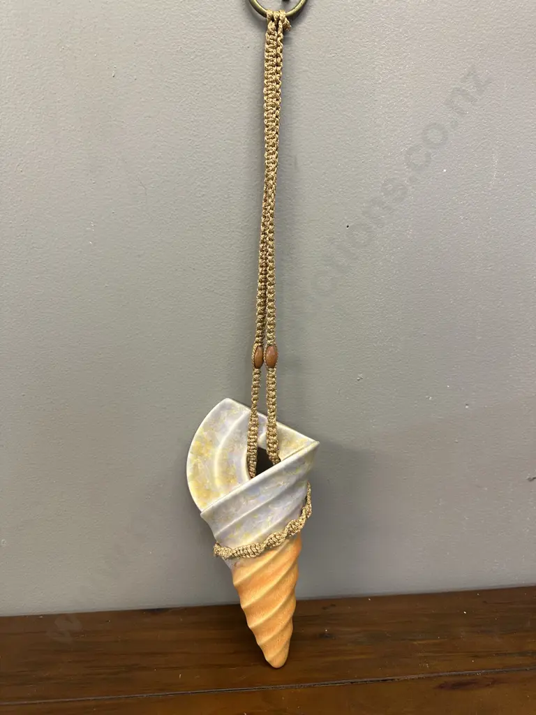 Art Deco Beswick Ceramic Sea Shell Pocket Vase Mottled Yellow/Purple & Orange Glaze With Braided Hanging Cord  Image 1++