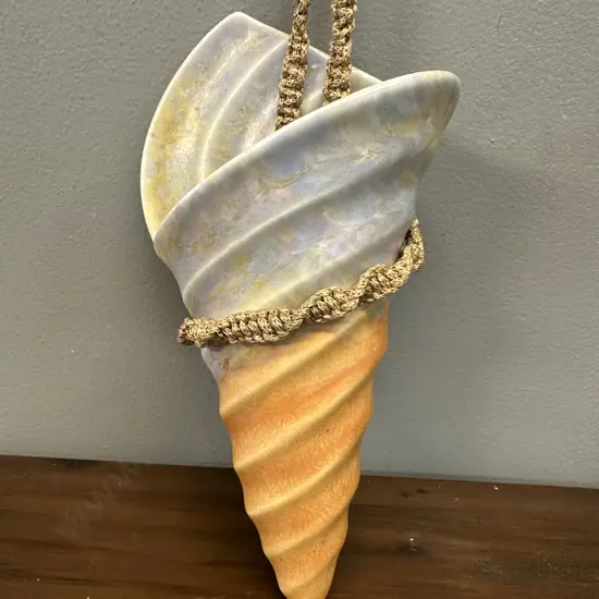 Art Deco Beswick Ceramic Sea Shell Pocket Vase Mottled Yellow/Purple & Orange Glaze With Braided Hanging Cord 