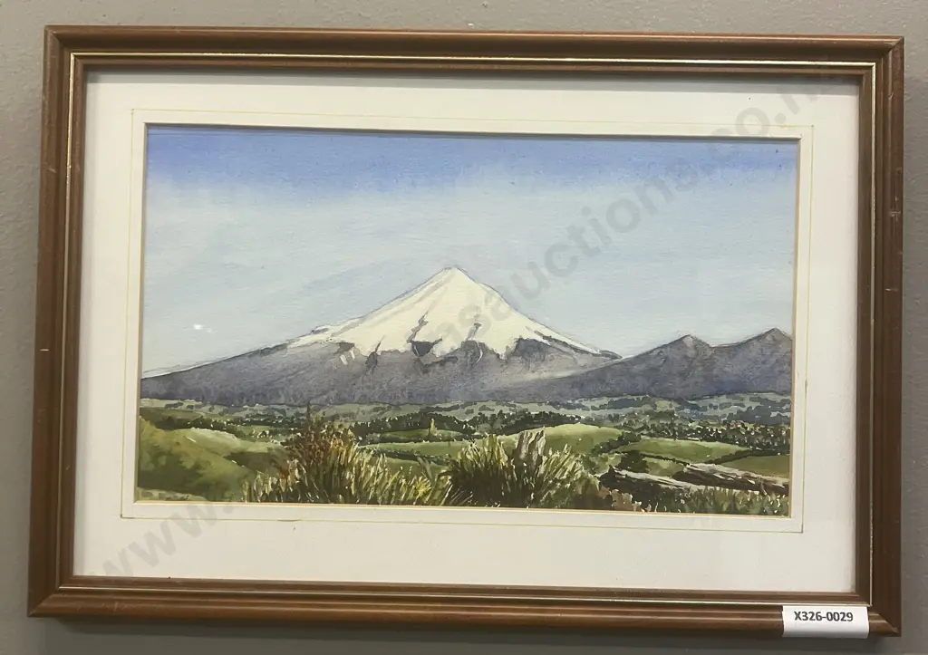 H. Fryer 1999 - "Mt Egmont from Upland Road Taranaki" Watercolour, 22.5 x 32.5cm, Framed & Matted Image 1++