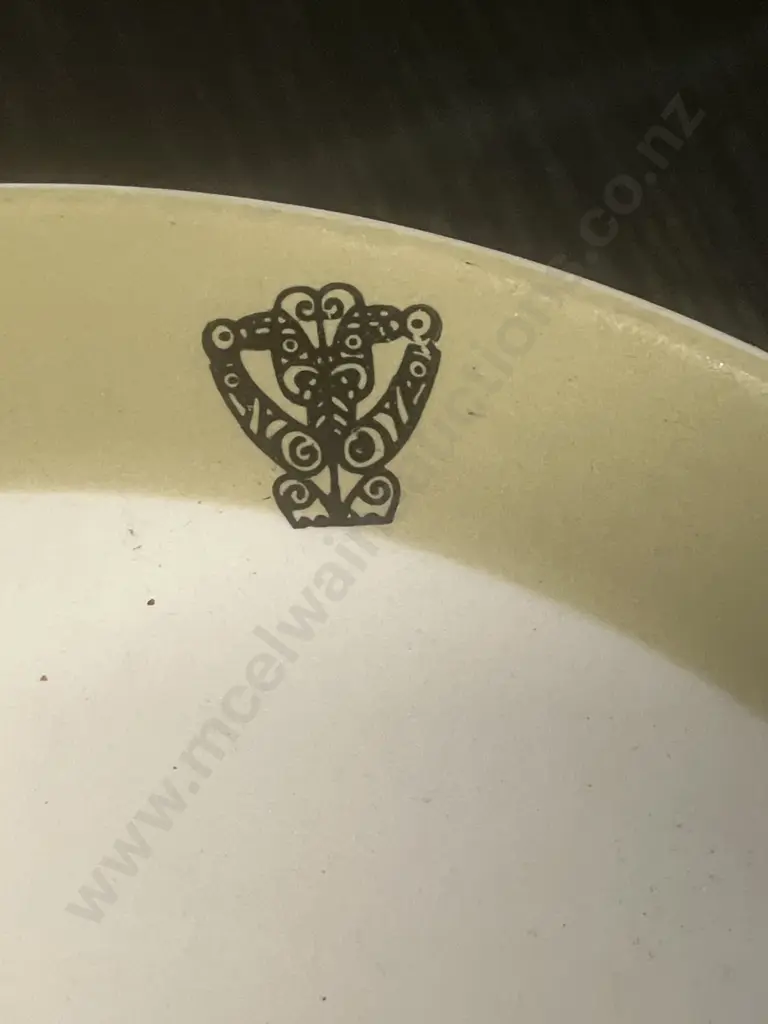 A Vintage 1960's Crown Lynn Saucer - Olive Green Band Border with Tekoteko Figures. Dia 14.3cm Image 1++