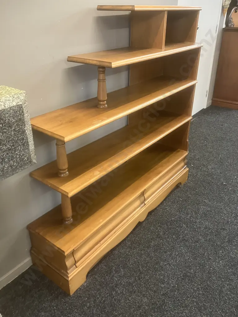 Kauri Stepped 5 Shelf Bookcase With 2 Drawers In Base. H122 W128 D29cm Image 1++