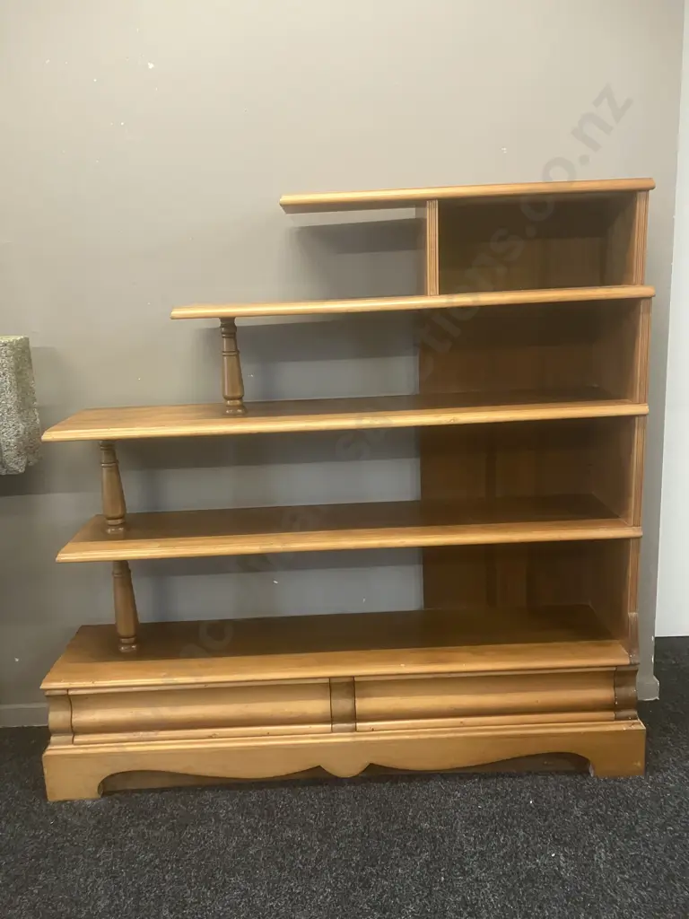 Kauri Stepped 5 Shelf Bookcase With 2 Drawers In Base. H122 W128 D29cm Image 1++