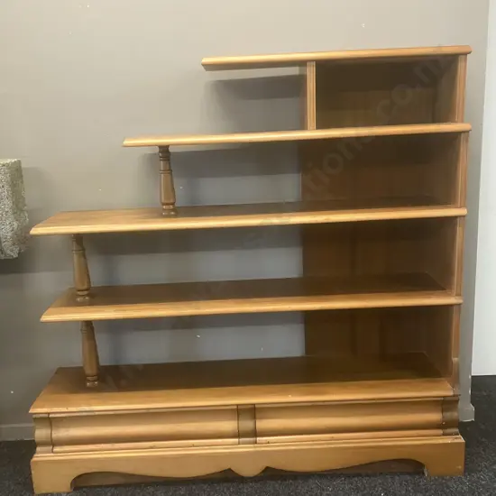 Kauri Stepped 5 Shelf Bookcase With 2 Drawers In Base. H122 W128 D29cm