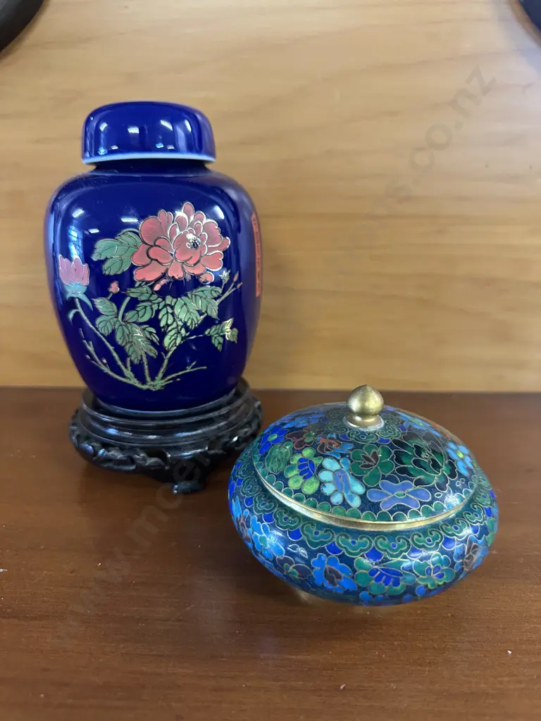 Japanese Cobalt Blue Ginger Jar With Plinth & Cloisonne Lidded Trinket Dish Image 1++