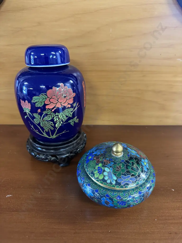 Japanese Cobalt Blue Ginger Jar With Plinth & Cloisonne Lidded Trinket Dish Image 1++