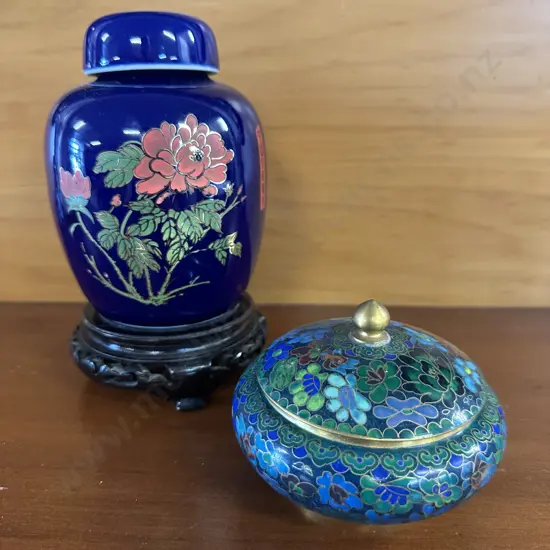 Japanese Cobalt Blue Ginger Jar With Plinth & Cloisonne Lidded Trinket Dish