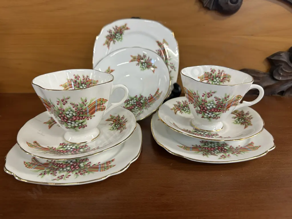 Pair Of English Windsor Trios Festive Floral Detail With Spare Cup & Saucer Image 1++
