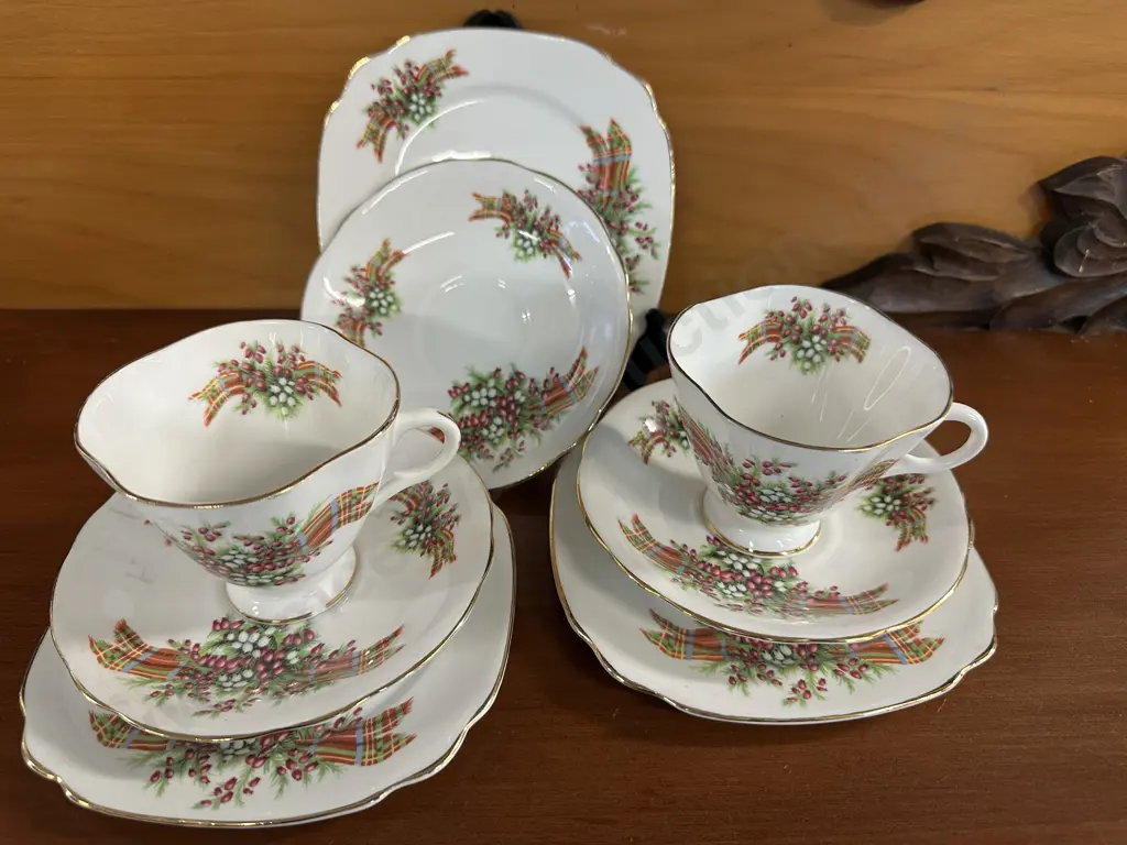 Pair Of English Windsor Trios Festive Floral Detail With Spare Cup & Saucer Image 1++