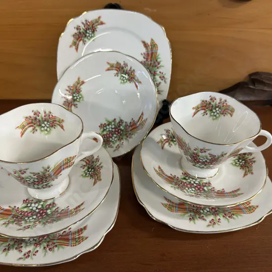 Pair Of English Windsor Trios Festive Floral Detail With Spare Cup & Saucer