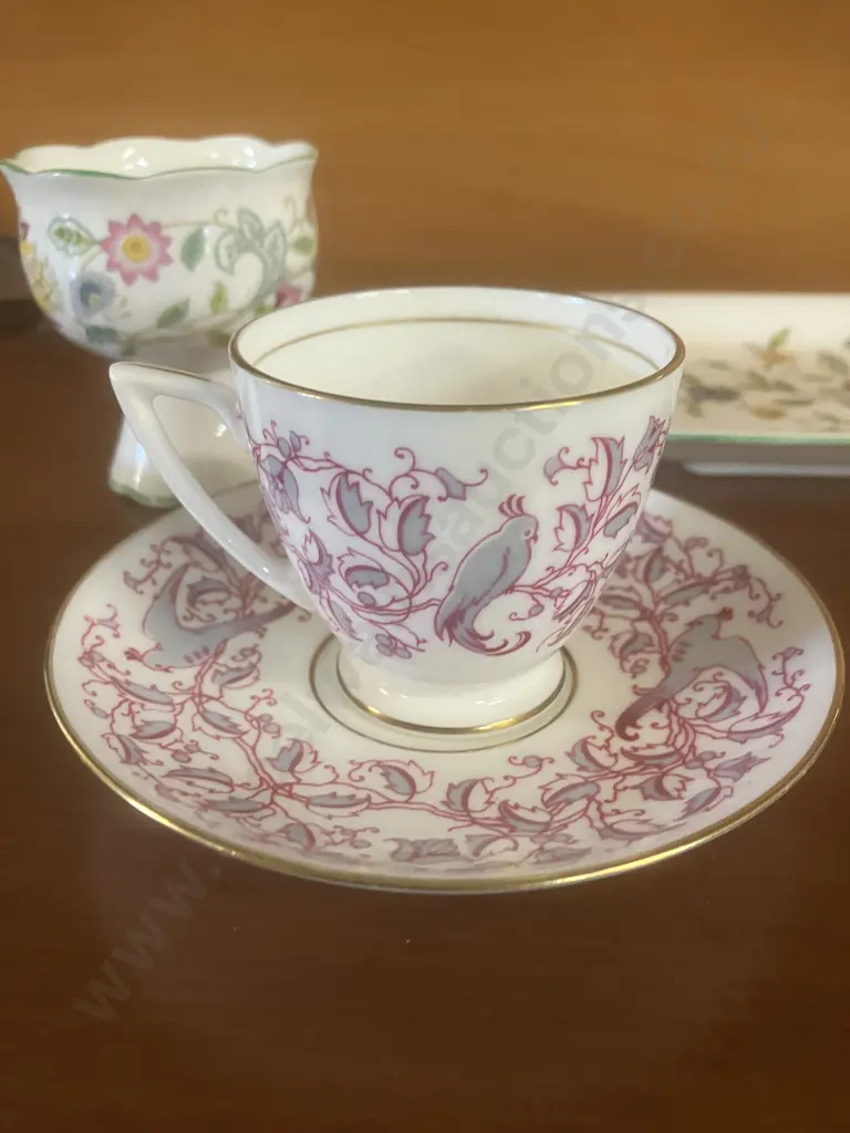 Minton Bone China Duo With a Pink Bird Pattern & Haddon Hall Rectangular Tray, Candlestick & Trinket Dish Image 1++