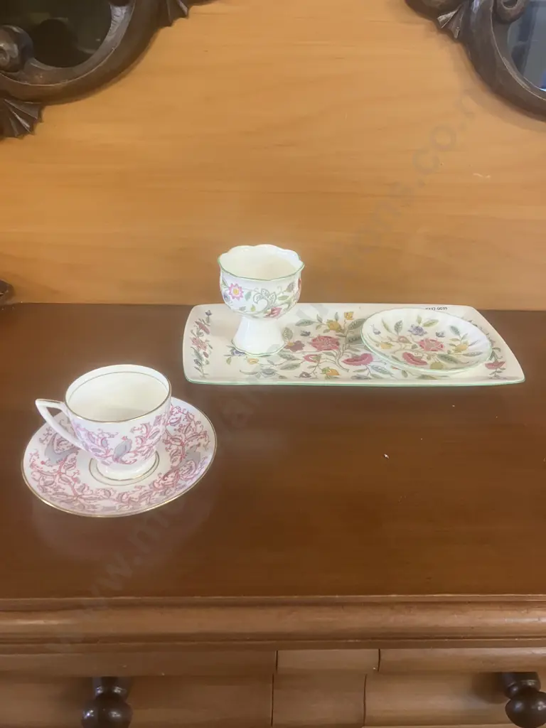 Minton Bone China Duo With a Pink Bird Pattern & Haddon Hall Rectangular Tray, Candlestick & Trinket Dish Image 1++