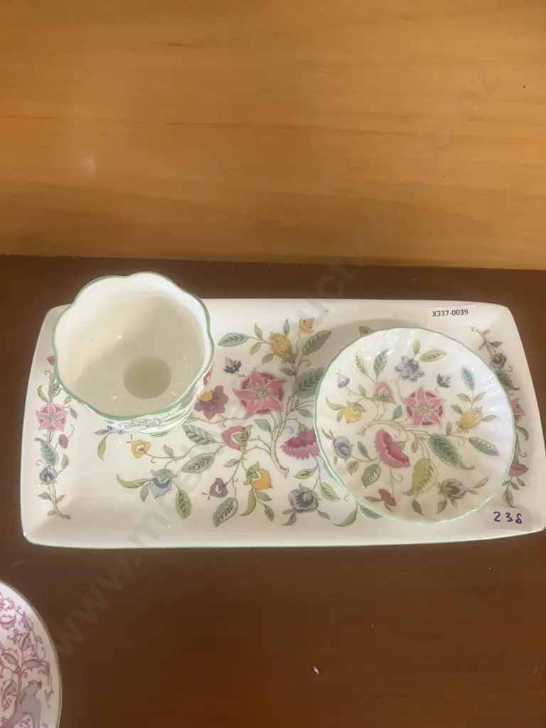 Minton Bone China Duo With a Pink Bird Pattern & Haddon Hall Rectangular Tray, Candlestick & Trinket Dish Image 1++