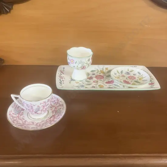 Minton Bone China Duo With a Pink Bird Pattern & Haddon Hall Rectangular Tray, Candlestick & Trinket Dish