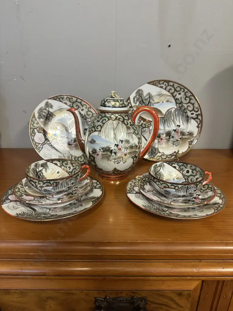 Rare Kutani Ware Porcelain Teapot With Trios x2 & Plates x2 Image 1++