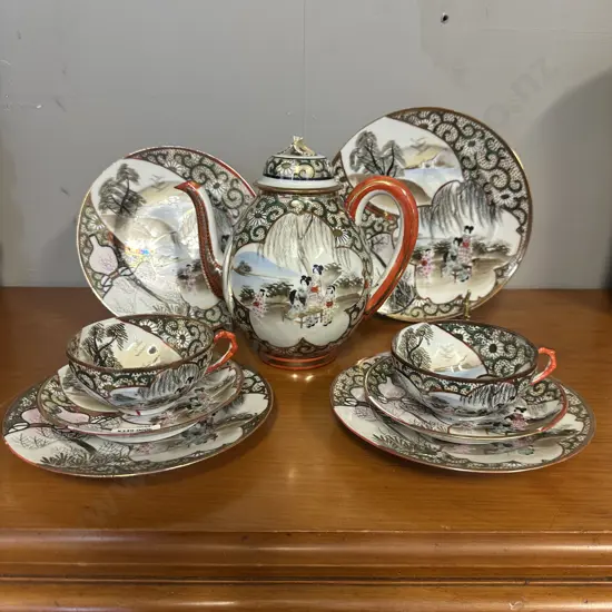 Rare Kutani Ware Porcelain Teapot With Trios x2 & Plates x2