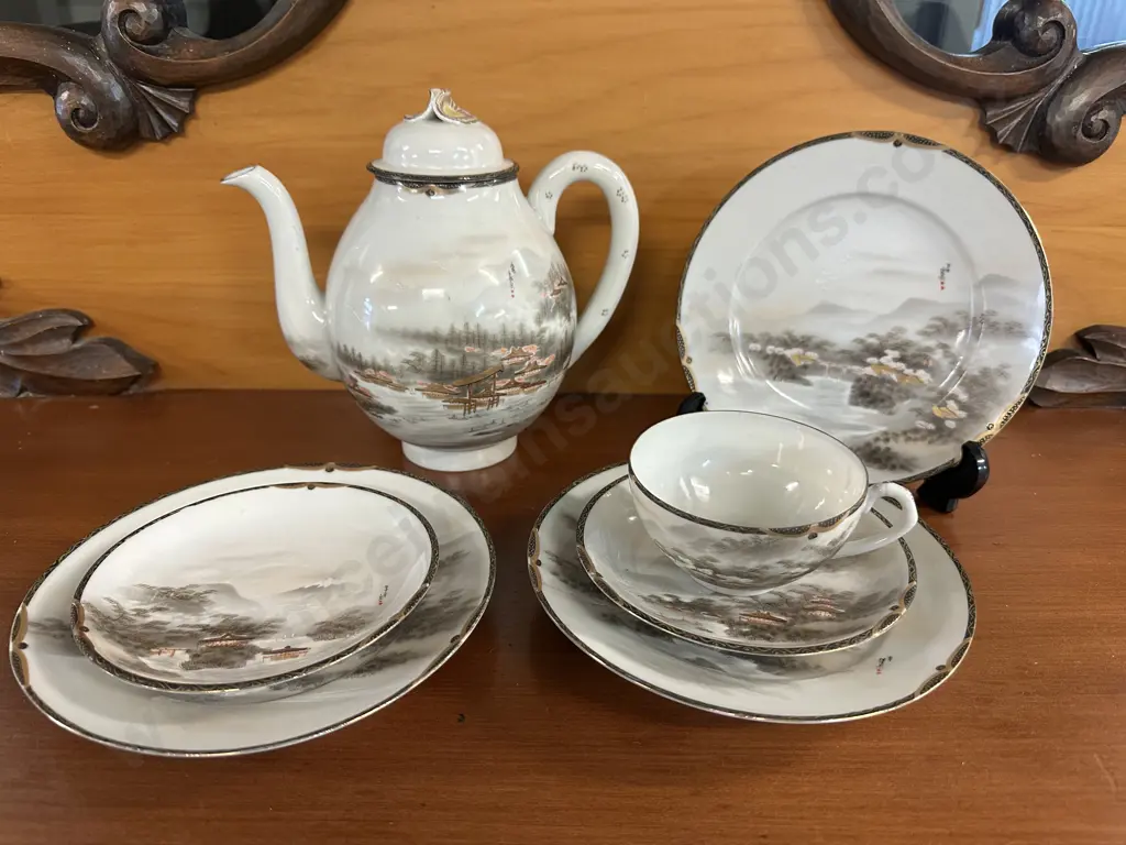 Antique Japanese Kutani Porcelain Tea Ware Landscape Scene Image 1++