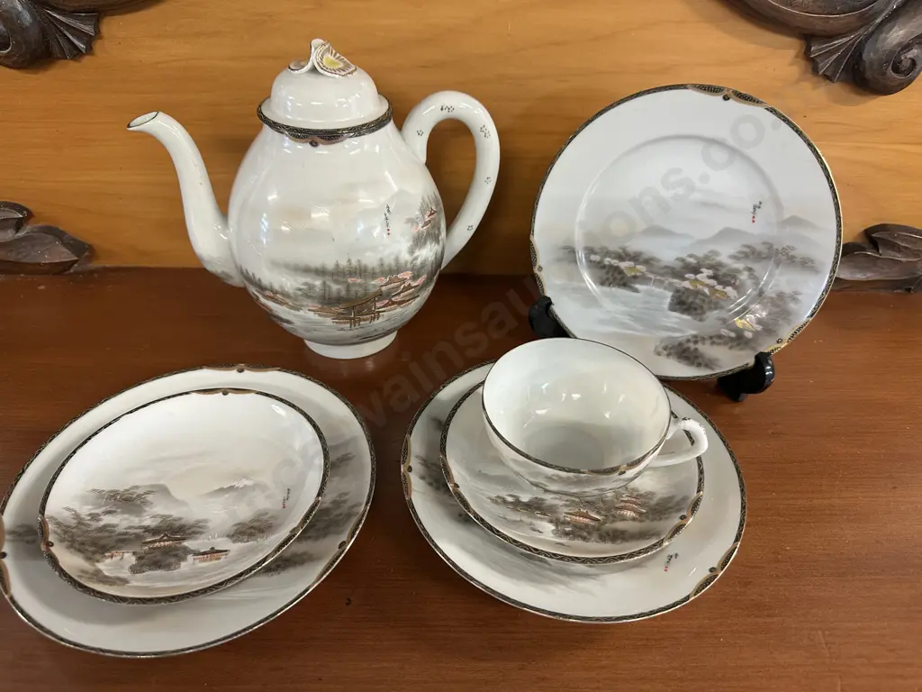 Antique Japanese Kutani Porcelain Tea Ware Landscape Scene Image 1++