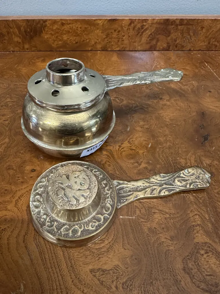 Vintage Brass Incense Burner Embossed Handle & Lid Image 1++