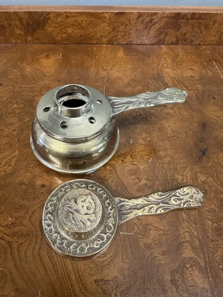 Vintage Brass Incense Burner Embossed Handle & Lid Image 1++
