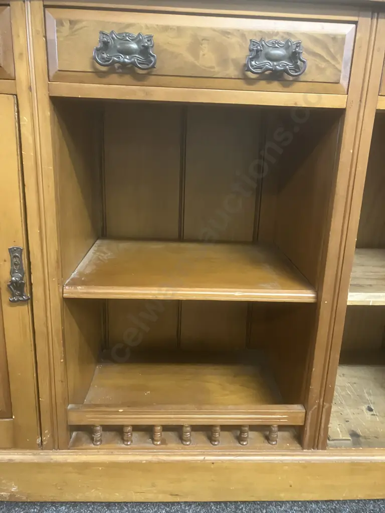 Antique Kauri & Burr Sideboard With Hand Carved Panels, Ornate Handles, 3 Drawer, 2 Door. H97 W139 D46cm Image 1++