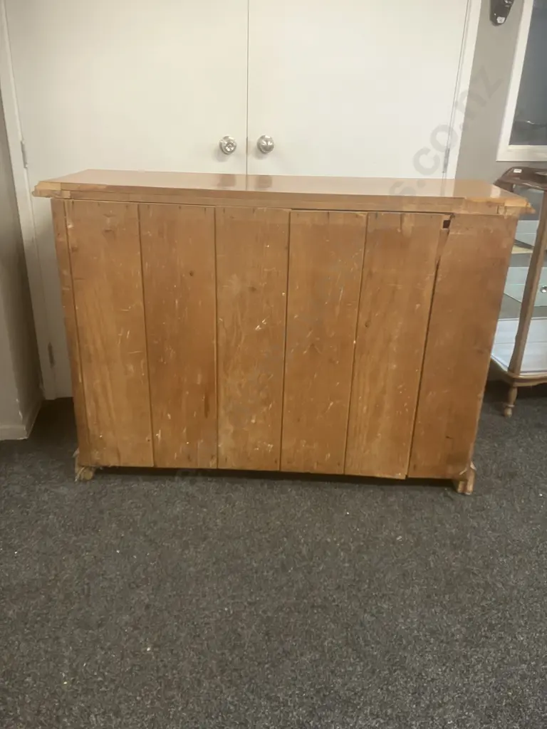 Antique Kauri & Burr Sideboard With Hand Carved Panels, Ornate Handles, 3 Drawer, 2 Door. H97 W139 D46cm Image 1++