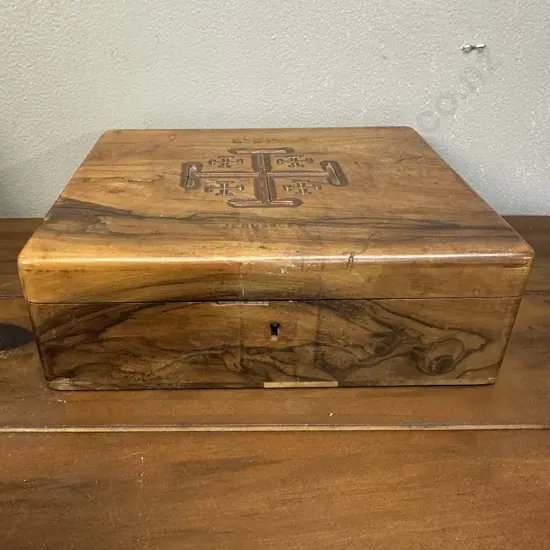 Vintage Olive Wood Box With Jerusalem Cross Carved Into Top, Fabric Lined, Hinged Lid. H7 W20 D16.5cm.