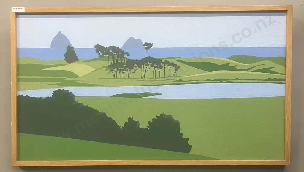 Rae van't Hof 1984 - "From The 8th Ngamotu" Golf Course New Plymouth, Acrylic, Signed (Lower Right). 38 x 68cm Image 1++