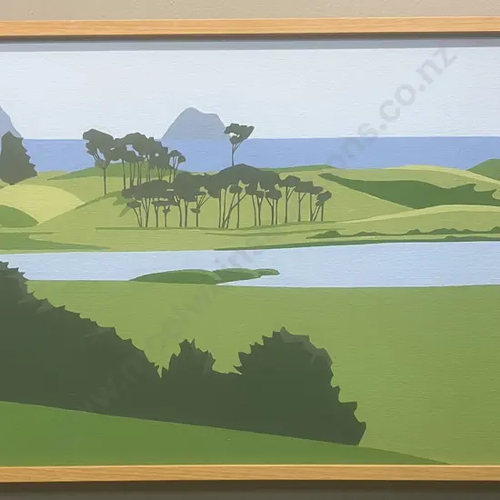 Rae van't Hof 1984 - "From The 8th Ngamotu" Golf Course New Plymouth, Acrylic, Signed (Lower Right). 38 x 68cm