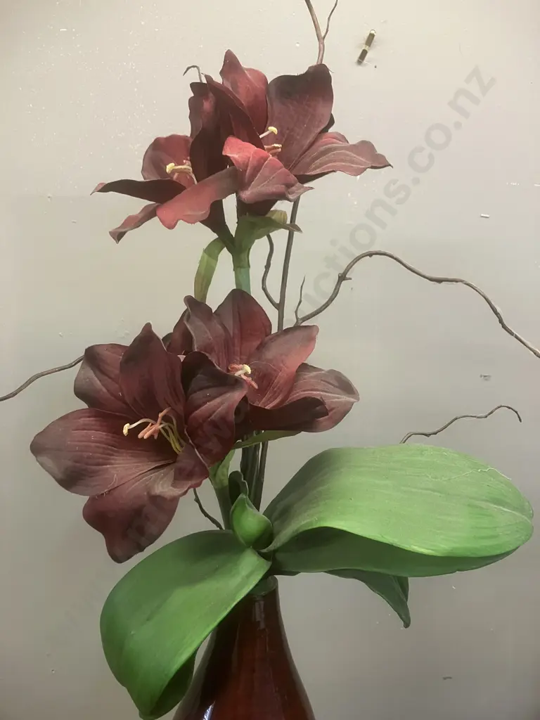 Large Wine Colour Wooden Urn With Faux Amaryllis Flowers. H90cm Image 1++