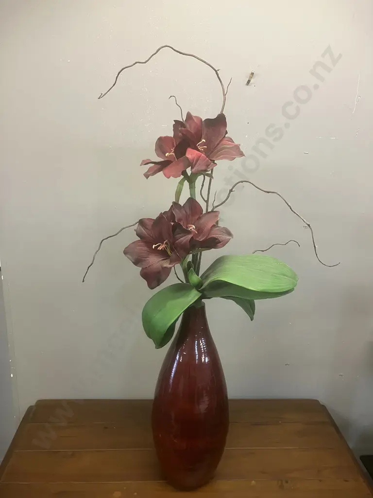 Large Wine Colour Wooden Urn With Faux Amaryllis Flowers. H90cm Image 1++