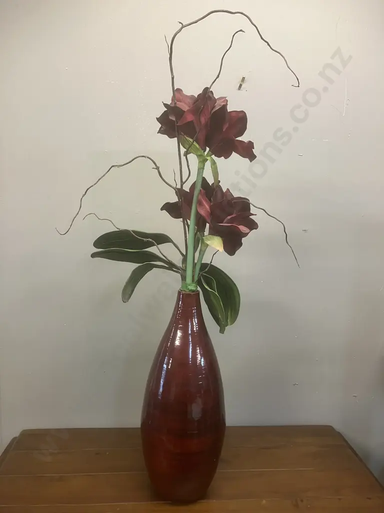 Large Wine Colour Wooden Urn With Faux Amaryllis Flowers. H90cm Image 1++