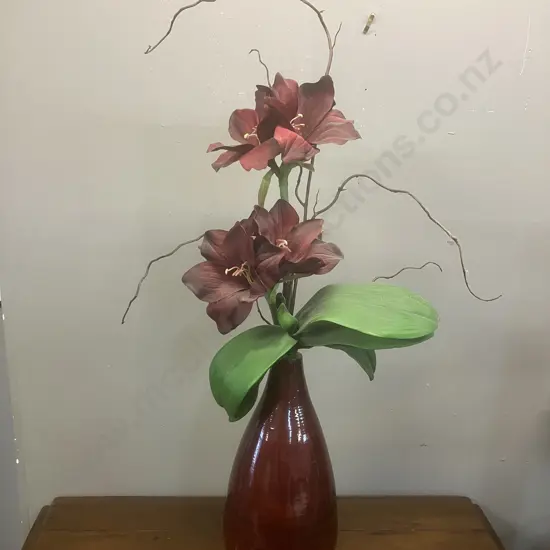 Large Wine Colour Wooden Urn With Faux Amaryllis Flowers. H90cm