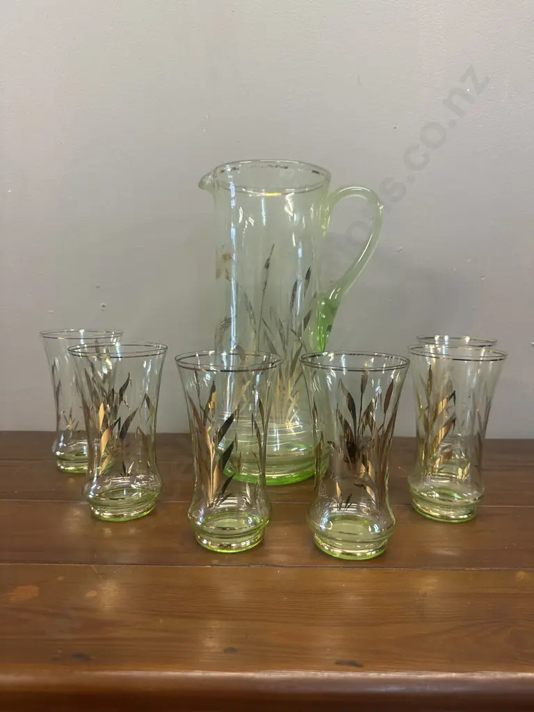 Vintage Mid Century Light Green & Gilt Lemonade Pitcher & Matching Tumbler Set With Ducks Reed Leaf Motifs Image 1++