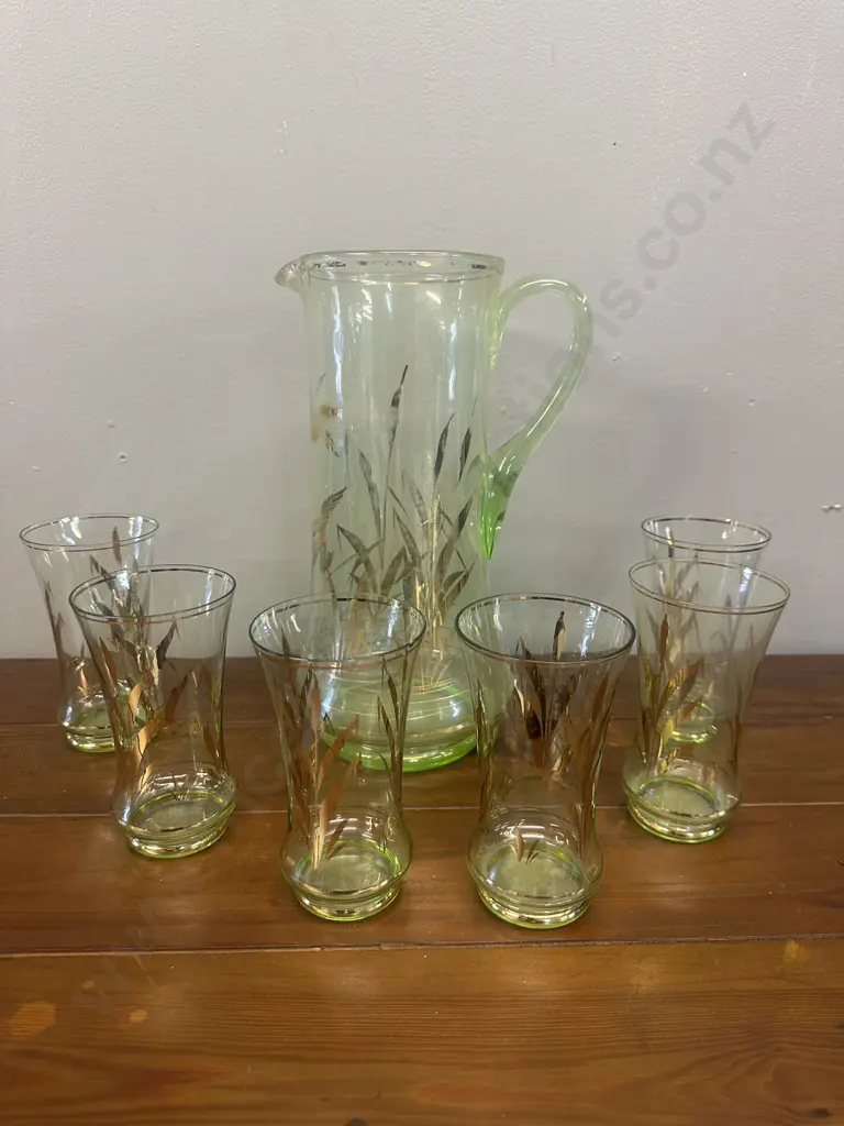 Vintage Mid Century Light Green & Gilt Lemonade Pitcher & Matching Tumbler Set With Ducks Reed Leaf Motifs Image 1++