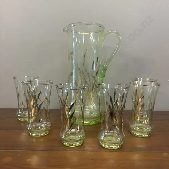 Vintage Mid Century Light Green & Gilt Lemonade Pitcher & Matching Tumbler Set With Ducks Reed Leaf Motifs
