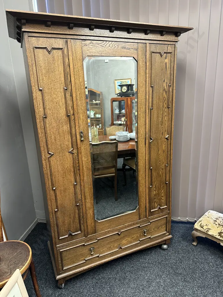 Antique Oak Wardrobe, Octagonal Bevelled Edge Mirror, Drawer At Base, Beading Detail, Drop Handles Image 1++
