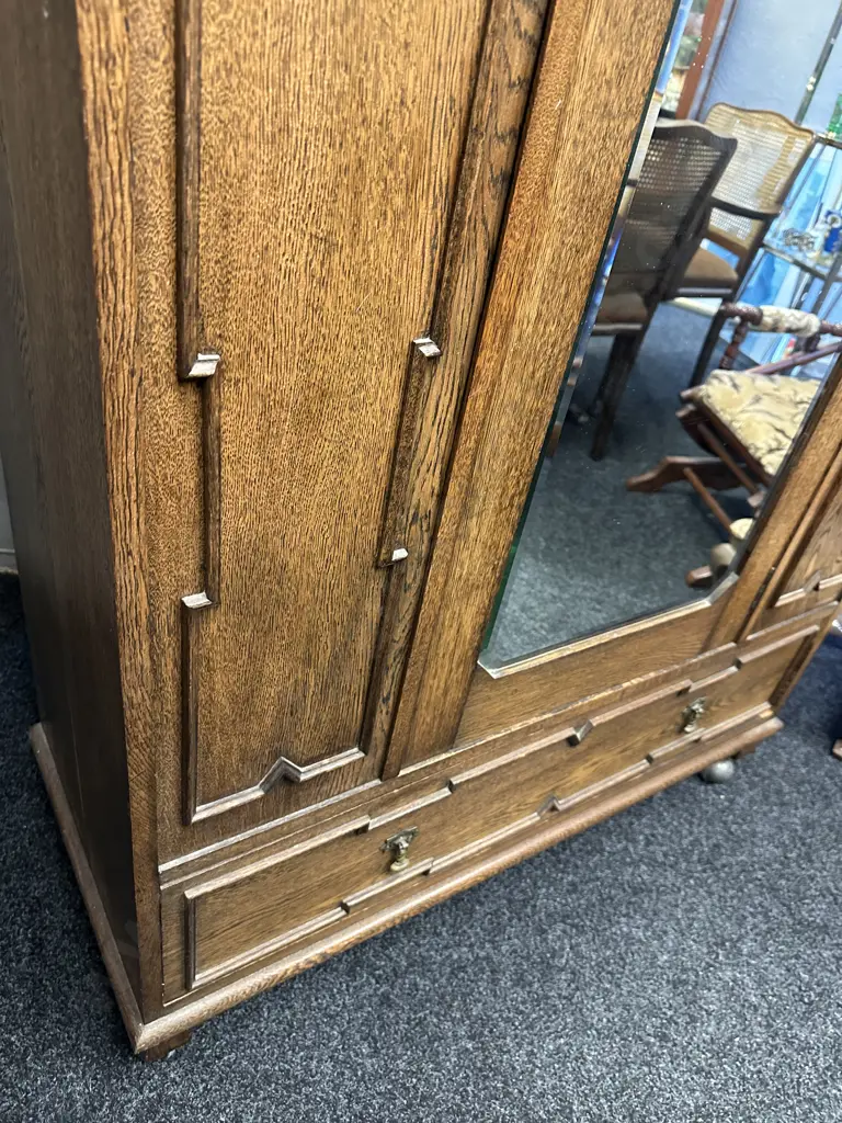 Antique Oak Wardrobe, Octagonal Bevelled Edge Mirror, Drawer At Base, Beading Detail, Drop Handles Image 1++