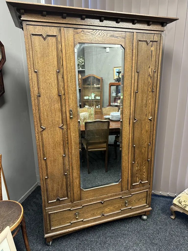 Antique Oak Wardrobe, Octagonal Bevelled Edge Mirror, Drawer At Base, Beading Detail, Drop Handles Image 1++