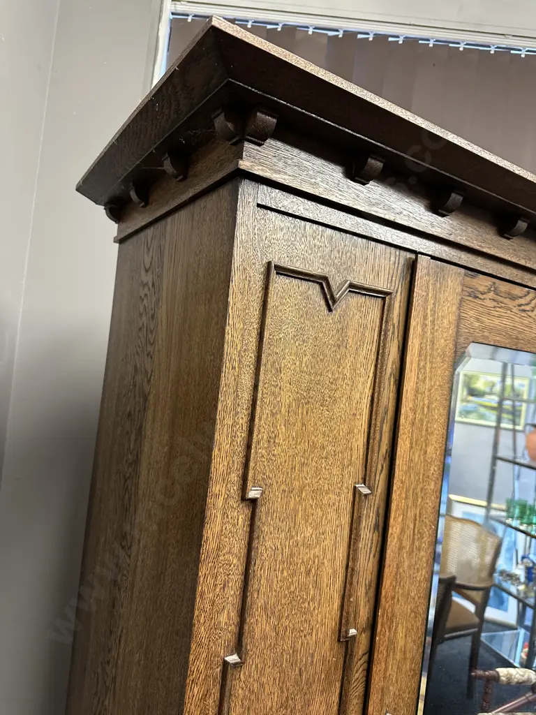 Antique Oak Wardrobe, Octagonal Bevelled Edge Mirror, Drawer At Base, Beading Detail, Drop Handles Image 1++