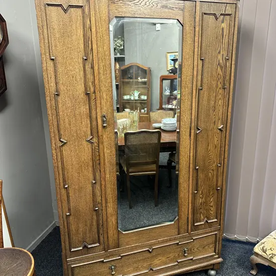 Antique Oak Wardrobe, Octagonal Bevelled Edge Mirror, Drawer At Base, Beading Detail, Drop Handles