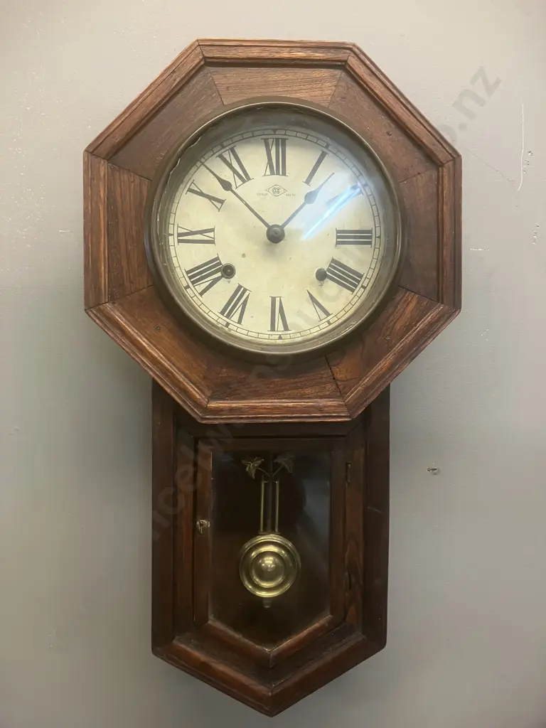Antique Japanese Wall Clock - Meiji Clock Co. Wooden Schoolhouse Regulator Style With Key (As Found Condition) Image 1++