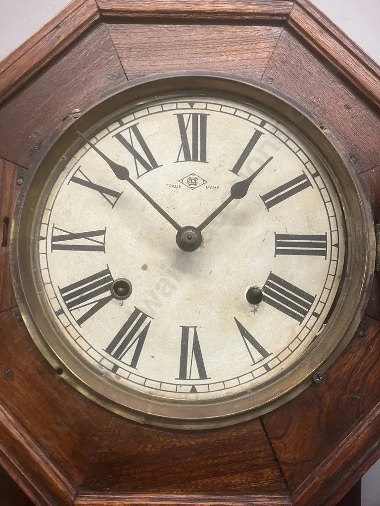 Antique Japanese Wall Clock - Meiji Clock Co. Wooden Schoolhouse Regulator Style With Key (As Found Condition) Image 1++