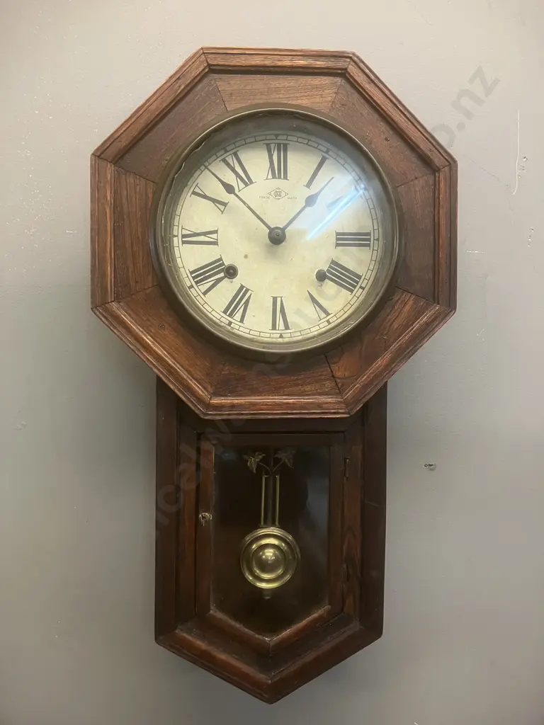 Antique Japanese Wall Clock - Meiji Clock Co. Wooden Schoolhouse Regulator Style With Key (As Found Condition) Image 1++