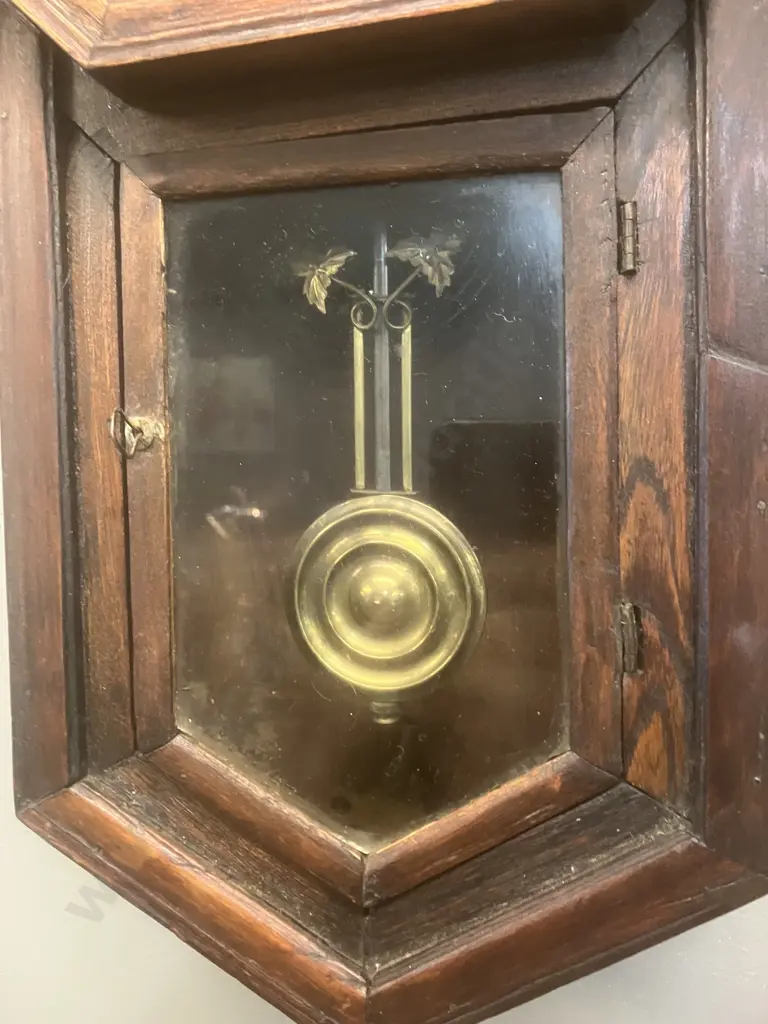 Antique Japanese Wall Clock - Meiji Clock Co. Wooden Schoolhouse Regulator Style With Key (As Found Condition) Image 1++