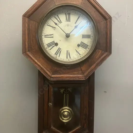 Antique Japanese Wall Clock - Meiji Clock Co. Wooden Schoolhouse Regulator Style With Key (As Found Condition)